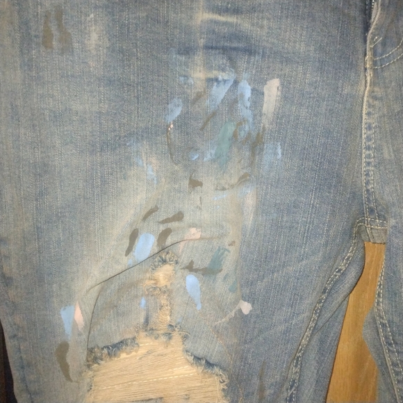 Refinery Republic Distressed Jeans - Pink And Blue Paint Splatter w/ Tan Accents - Picture 8 of 12